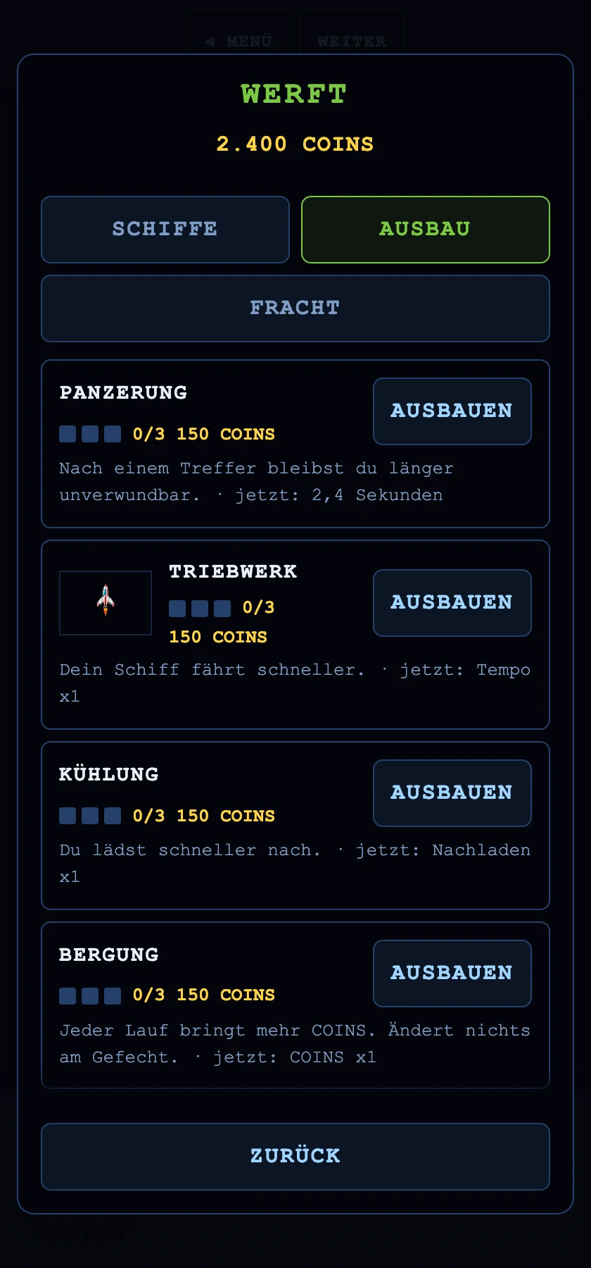 Die Werft: Kontostand 2.400 COINS, Reiter für Schiffe, Ausbau und Fracht, darunter vier Ausbaustufen mit Preis und Wirkung.