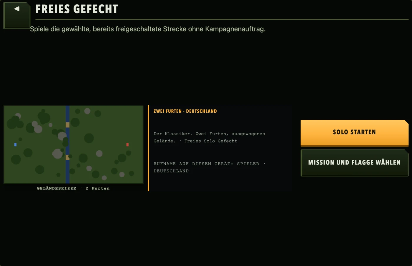 Die Streckenwahl mit einer Geländeskizze und der Beschreibung der Karte.